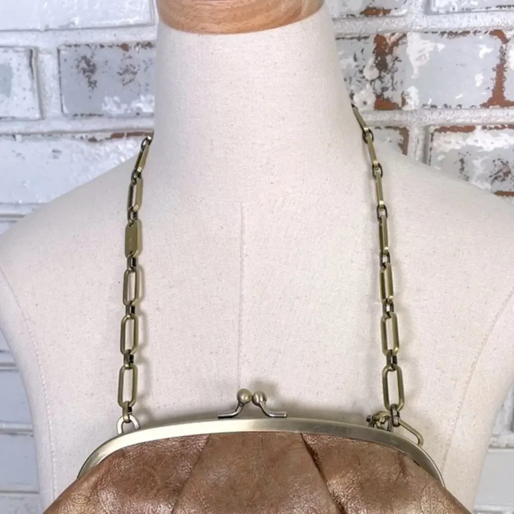 Vintage 90s Monsac Leather Gold Floral Embossed Gold Chain Handle Purse Bag